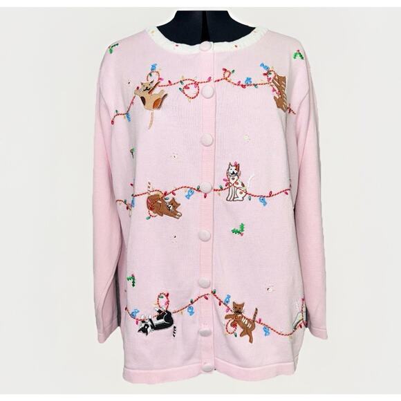 Quacker Factory LG Pink Playful Cat Christmas Light Holiday Sweater Cardigan Top - Picture 3 of 9